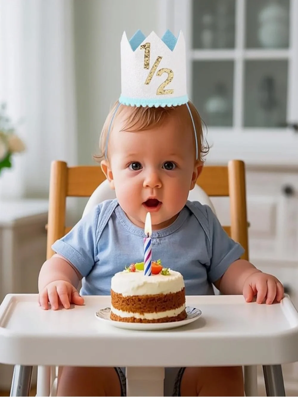 Half Birthday Party Hat, 1/2 Glitter Crown for 6-Month Baby blue nwt